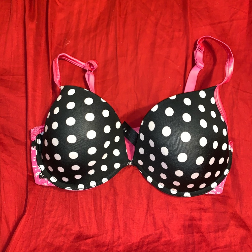 Black white polka dot bra with pink straps lined